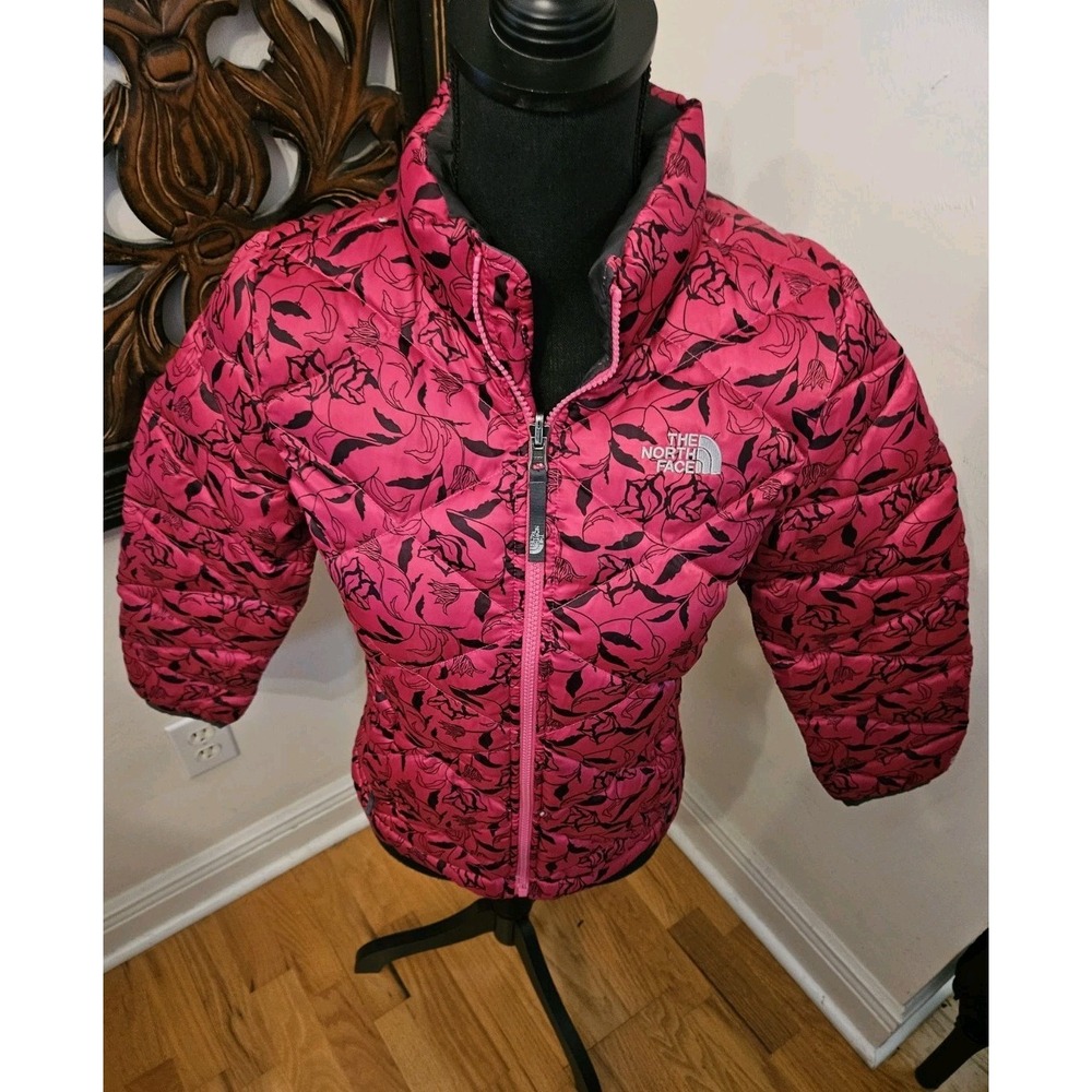 The North Face Girls Puffer Jacket Pink Floral Down Zip M 10/12